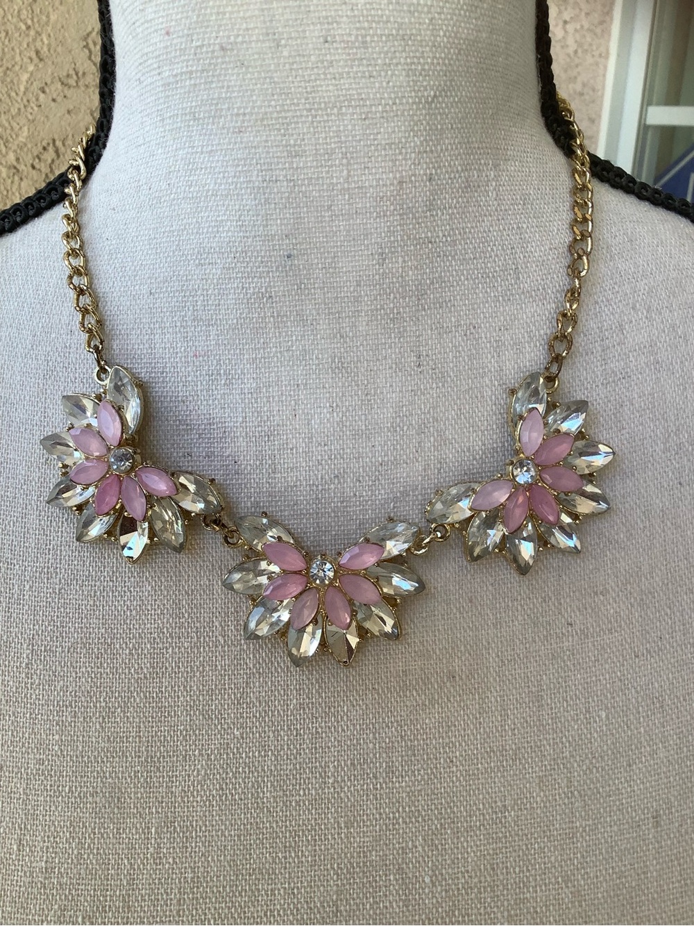 Gold plated Pink Crystal Floral Statement Necklace